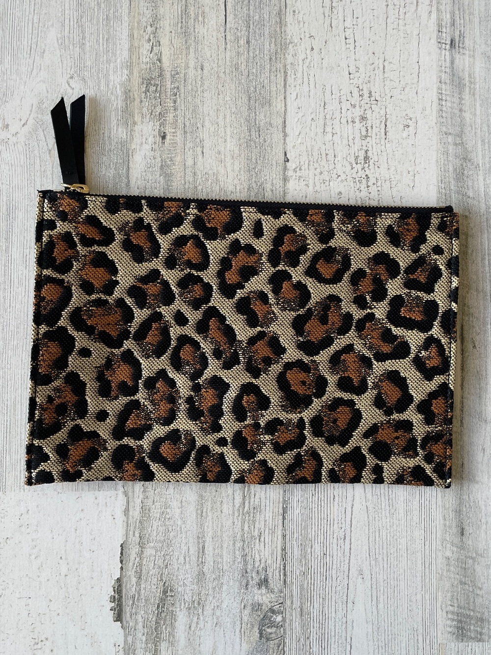 Veronica Beard Leopard Print Zip Pouch - Tan, Brown & Black Made in Italy